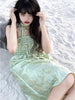 Embossed Green Bustier Dress Yellow-Green Textured Jacquard Nomadic Grassland Fresh Floral Puffed Strap