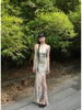 Green Bamboo Rhyme Grace Skirt Classical Blue Vine New Chinese Style Elegant Slit Irregular Strapless Long Dress
