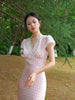 Powder Amber Pearl Bead Skirt Satin Smooth Polka Dot Exquisite Chinese Style Fitted Lace Dress