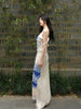 Plain Porcelain Blurred Chiffon Skirt Blue and Purple Peony Flower One-Word Collar Lace Splicing Irregular New Chinese Style Set