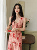 Dry Rose French Gentle Style V-neck Floral Chiffon Slim Mature Women's Dress