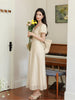 Vacation Afternoon: Exquisite French-Inspired Yellow and White Jacquard Peony Sleeve Dress