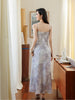 Scholarly silk-like brocade dress with gradient purple and subtle jacquard patterns exuding a gentle and sophisticated charm sling style