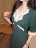 Exquisite Peacock Green Heavyweight Vintage Lace Asymmetrical High-Waist V-Neck Dress