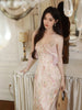 Printed Waist Cinching Exquisite and Unique Lace Splicing Dress