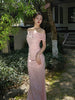 Peach Rhyme Caressing Silk Gown Pink Beauty New Chinese Style Jacquard Elegant One-Shoulder Strapless Dress