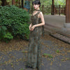 Planting Nepal Skirt Botanical Print Scoop Neck Retro One-Shoulder Strap Two-Way Maxi Dress