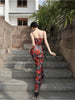 Deep Ink Plum Blossom Skirt Azalea New Chinese Style Rose Original Floral Mermaid Strap Dress