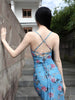 Mysterious Blue Floral Rhythm Skirt Chilly and Elegant Flower Retro New Chinese-Style Halter Pencil Dress