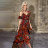 Red Floral Print Ruffle Trim V-Neck Slip Maxi Dress French Vintage Oil Painting Style Vacation Sundress
