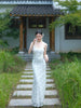 White Ramie Slim-fit Slip Dress Super Ethereal New Chinese-style Retro Floral Print Bodycon