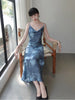Qing Ji Zhi Yun Skirt Chilly and Touching Fish Sea Blue New Irregular Backless Retro Strap Dress