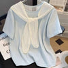 Plus Size Women's Summer New-Style Lace Bow Patchwork Short-Sleeve Relaxed Fit T-Shirt Fits 331 lb