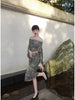 Misty Green Chinese Style One-Shoulder Bell Sleeve Set with Ink Wash Landscape Print