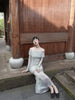 Landscape Lotus Wave Skirt New Chinese Style National Wind Retro Print Off-Shoulder Long Sleeve Mermaid Dress