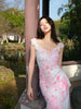 Pink Paper Falling Petals Skirt New Chinese Style Ruffled Floral Waist Mermaid Dress