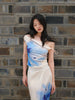 Plain Porcelain Blurred Chiffon Skirt Blue and Purple Peony Flower One-Word Collar Lace Splicing Irregular New Chinese Style Set
