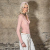 Women's Pink Striped Slouch Neck Long Sleeve Cotton Knit Top Slim Fit Layering T-shirt