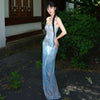 Orchid Vine Moonlit Skirt Classical Rhyme Blue Retro Tie-Dye Island Vacation Style Halter Dress
