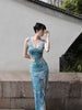 Cold Sea Blue Feather Skirt Azure Ocean Classical Retro Open Back Beach Vacation Slit Dress Set