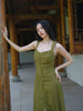 Moss Traces Weaving Jade Skirt Retro Forest Green Square-Neck Slit A-Line Dress with Waist Cinching