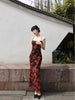 Night Mystique Red Rose Dress New Chinese Style Elegant Floral Retro Strap Backless Long