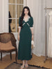 Exquisite Peacock Green Heavyweight Vintage Lace Asymmetrical High-Waist V-Neck Dress