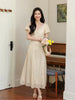 Vacation Afternoon: Exquisite French-Inspired Yellow and White Jacquard Peony Sleeve Dress