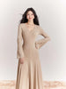 Ballet Teacher Detachable Scarf Pearl Button V-neck Dress Elegant Temperament Slim Fit