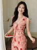 Dry Rose French Gentle Style V-neck Floral Chiffon Slim Mature Women's Dress
