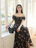 Rose Petite Woman's Charm Date Waist-Cinching A-Line Manor French Retro Floral Dress