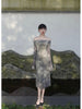Misty Green Chinese Style One-Shoulder Bell Sleeve Set with Ink Wash Landscape Print