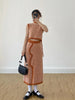 Orange Velvet Set Rope Tie High Neck Vest Irregular Floral Slit Deconstructed Long Dress