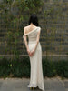 Plain Porcelain Blurred Chiffon Skirt Blue and Purple Peony Flower One-Word Collar Lace Splicing Irregular New Chinese Style Set