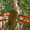 Wind Whisper Olive Green Retro Halter Knit Top and Two-Piece Set