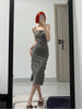 Ash Grey Wrapped Rope Skirt New Chinese Style Lotus Leaf Edge Tied Cool Spliced Slit Strap Dress