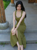 Moss Traces Weaving Jade Skirt Retro Forest Green Square-Neck Slit A-Line Dress with Waist Cinching