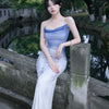 Qingzi Misty Skirt Gradient Purple Dip-Dye Ruffle Neck Tie-Dye Mesh Dress Halter Backless Long