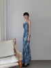 Qing Ji Zhi Yun Skirt Chilly and Touching Fish Sea Blue New Irregular Backless Retro Strap Dress