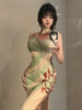 Sunset Oil Painting Skirt New Chinese Style Cheongsam Slit Deconstructed Irregular Tie Backless Dress