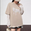 Plus Size Women's Summer Lace Patchwork Printed Short-Sleeve Relaxed Fit T-Shirt Fits 331 lb
