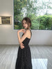 Embossed Black Long Dress New Chinese Style Pressed Flower Textured Irregular Heavy Work Spliced