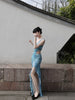 Cold Sea Blue Feather Skirt Azure Ocean Classical Retro Open Back Beach Vacation Slit Dress Set