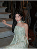 Embossed Green Bustier Dress Yellow-Green Textured Jacquard Nomadic Grassland Fresh Floral Puffed Strap