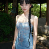Orchid Vine Moonlit Skirt Classical Rhyme Blue Retro Tie-Dye Island Vacation Style Halter Dress