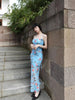 Mysterious Blue Floral Rhythm Skirt Chilly and Elegant Flower Retro New Chinese-Style Halter Pencil Dress