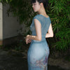 Qingwan Ziyuan Skirt Iris Retro Chinese Style Scoop Neck Slim Fit Jumpsuit + Mermaid Long