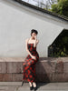 Night Mystique Red Rose Dress New Chinese Style Elegant Floral Retro Strap Backless Long