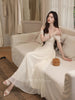 Tahitian Pearl Viscose Jacquard High-Design Sheer Mesh Waist-Cinching Long Dress