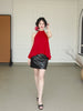 Will be available on the 30th at a price of 139! Red retro whitening loose off-shoulder backless women's top